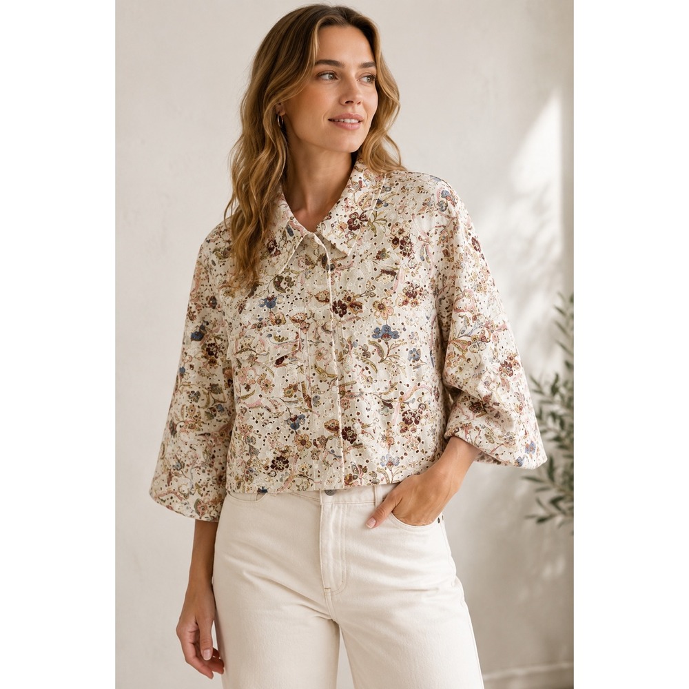 Solitaire Cottagecore Boho Eyelet Embroidered Button Front Jacket Cream Large